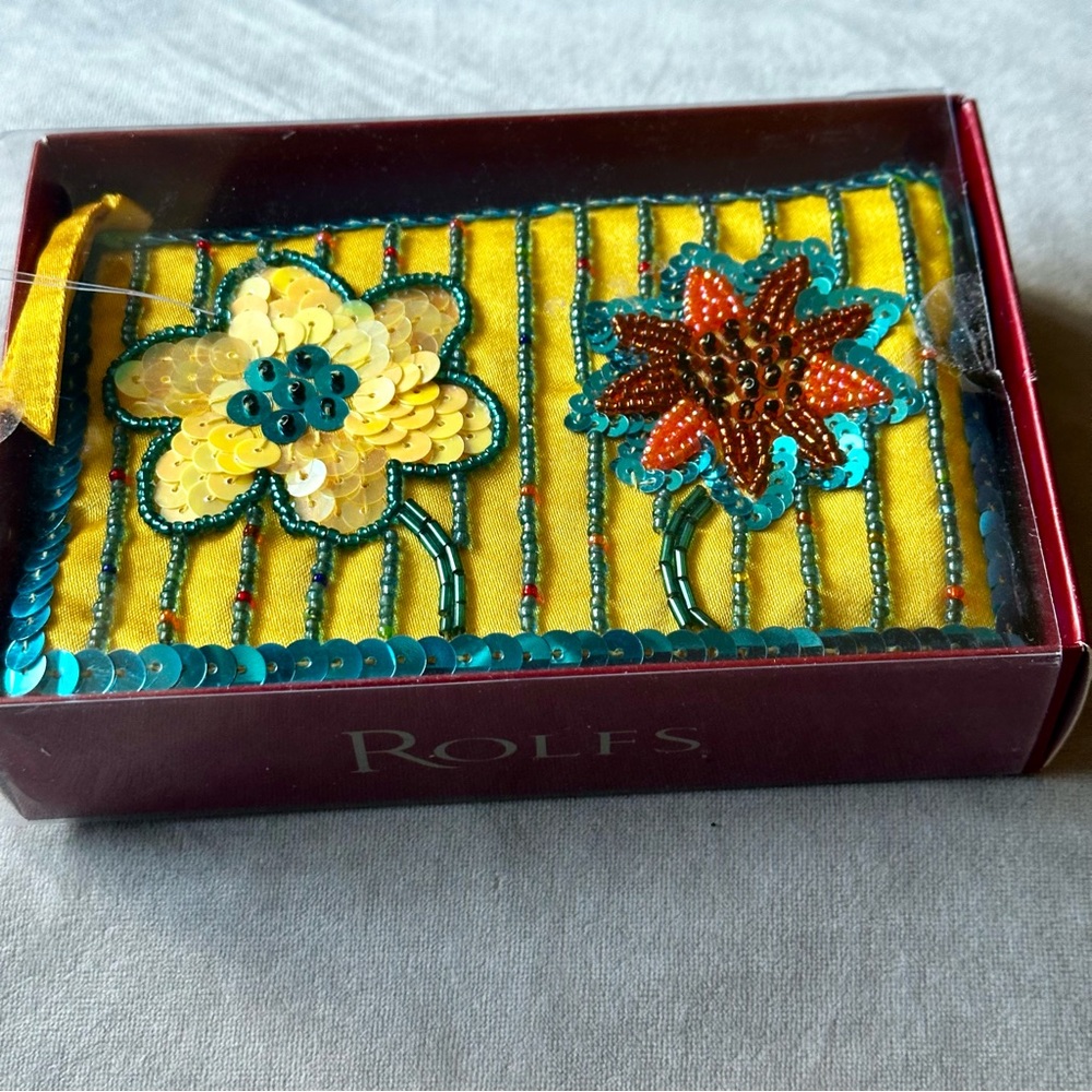 Rolfs Yellow Beaded Floral Wallet with Teal and Orange Accents
